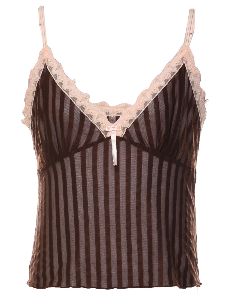 Sheer Striped Pattern Dark Brown Strappy Camisole - M