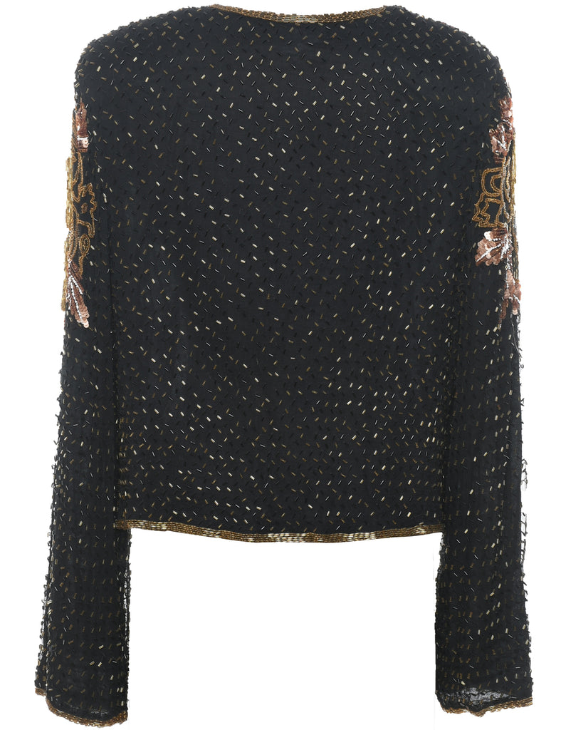 Silk Beaded 1980s Black & Gold Evening Jacket - M