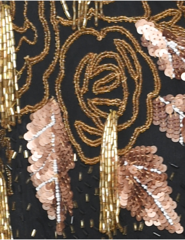 Silk Beaded 1980s Black & Gold Evening Jacket - M