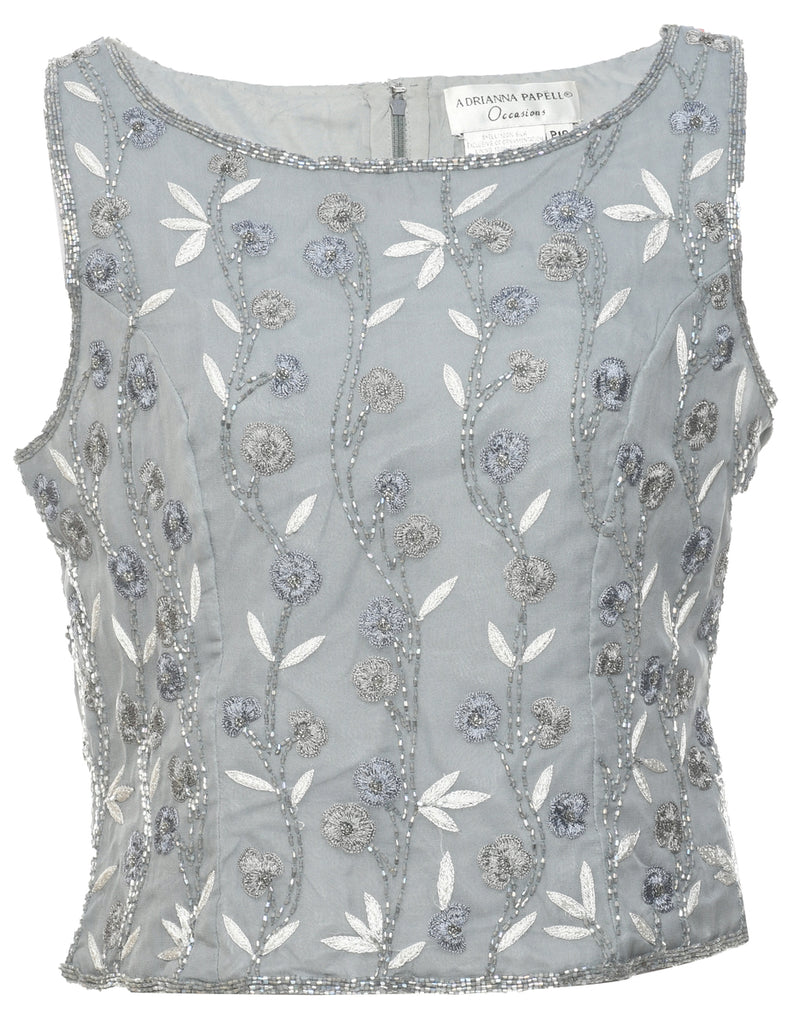 Silk Grey Embellished Evening Top - M