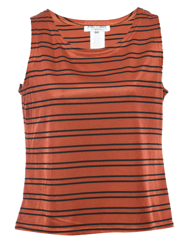 Sleeveless Striped Black & Terracotta Printed Top - M