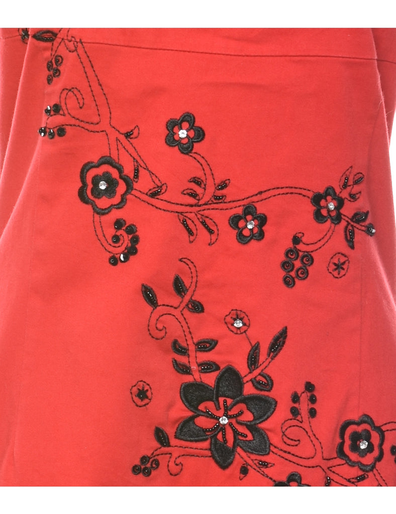 Strapless Floral Pattern Black & Red Y2K Dress - S