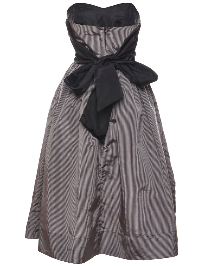 Striped Black & Grey Bow Detail Evening Dress - M