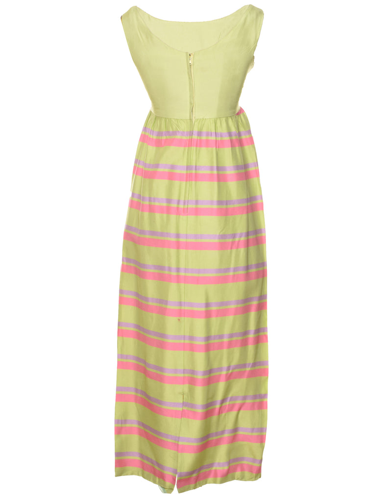 Striped Pattern 1970s Green, Lilac & Pink Dress - M