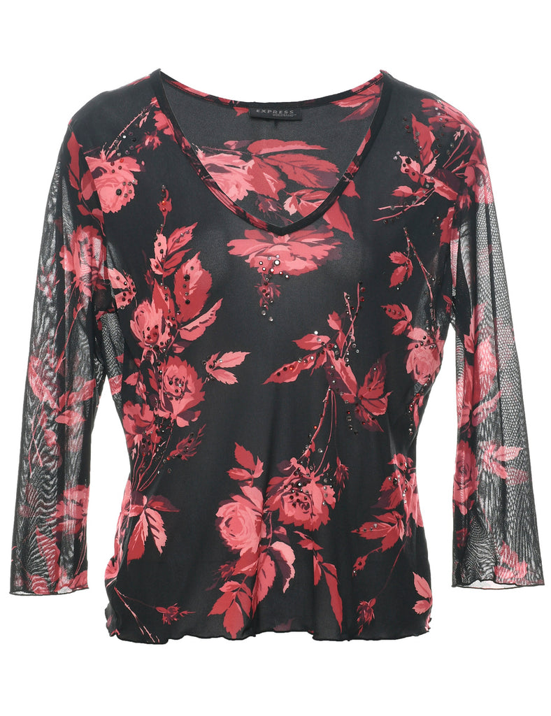 Studded Floral Print Evening Top - M