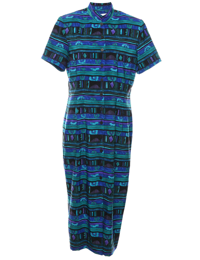 Turquoise & Navy Patterned Button-Front Dress - M