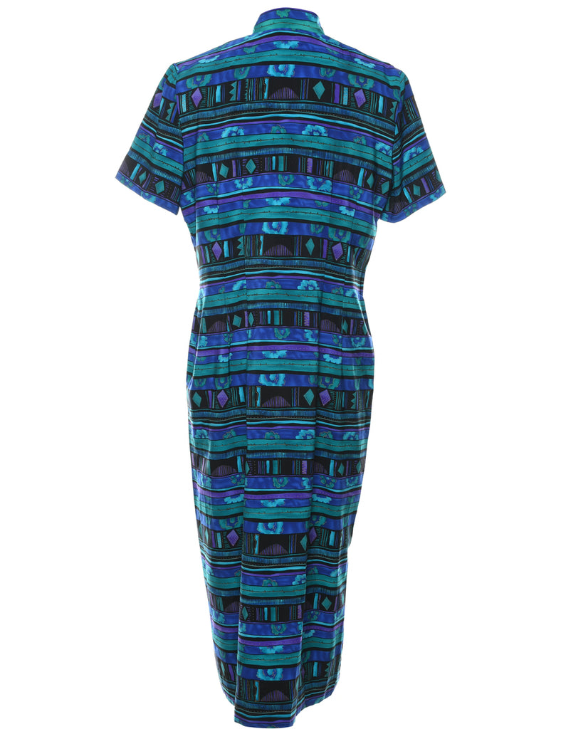 Turquoise & Navy Patterned Button-Front Dress - M