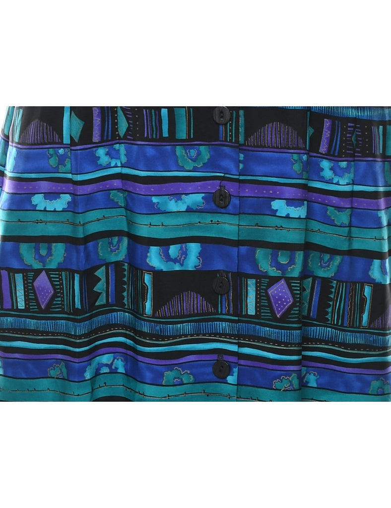 Turquoise & Navy Patterned Button-Front Dress - M