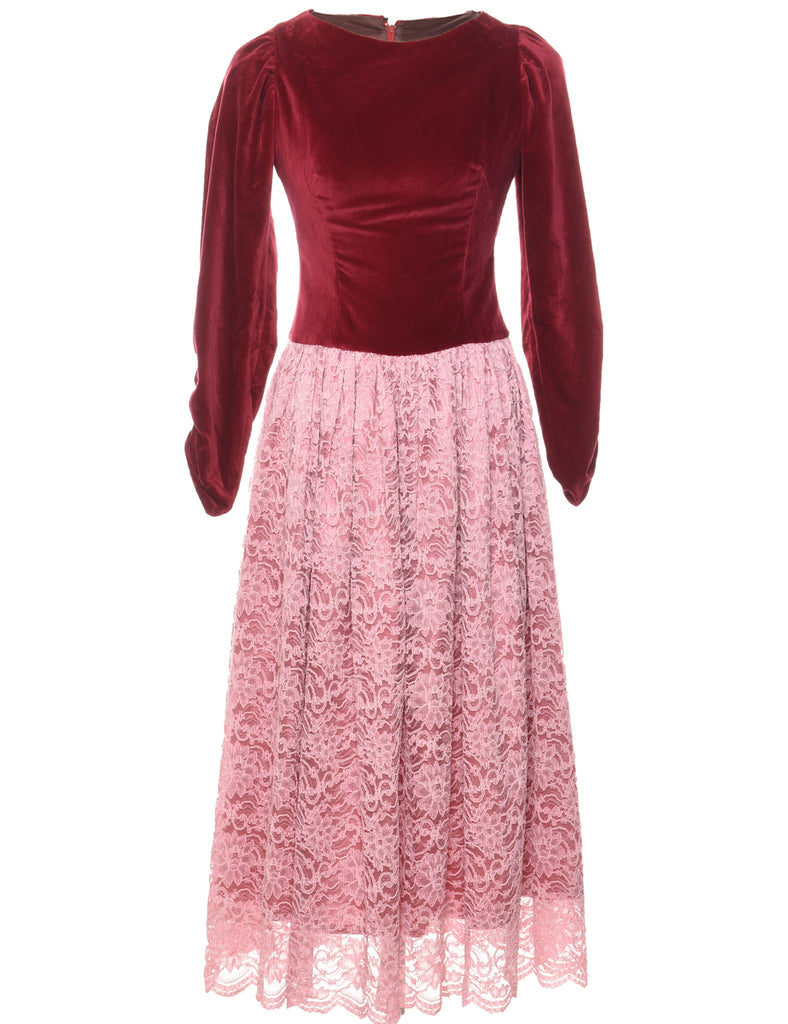 Two-Tone Maroon & Pink Velvet & Lace Evening Dress - M