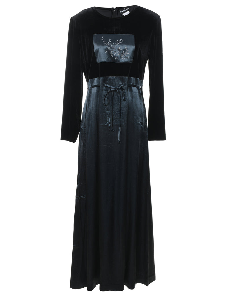 Velvet Black & Teal Silky Floral Evening Dress - L