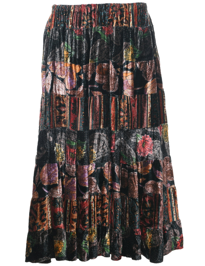 Velvet Patchwork Flared Skirt - M