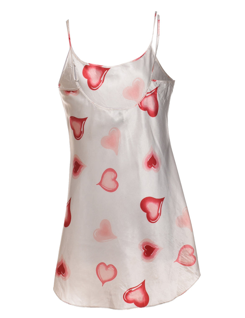 White & Pink Heart Design Strappy Patterned Slip Dress - M