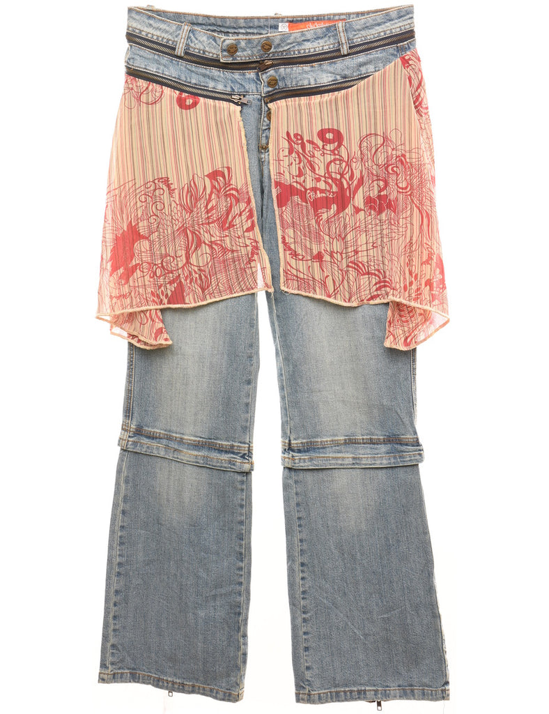 Y2K Floral Flared Jeans with Zipper and Skirt Detail - W33 L31