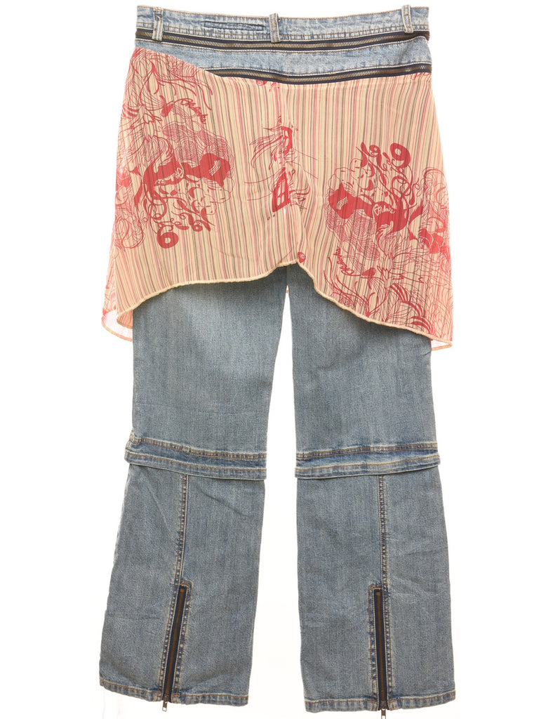 Y2K Floral Flared Jeans with Zipper and Skirt Detail - W33 L31