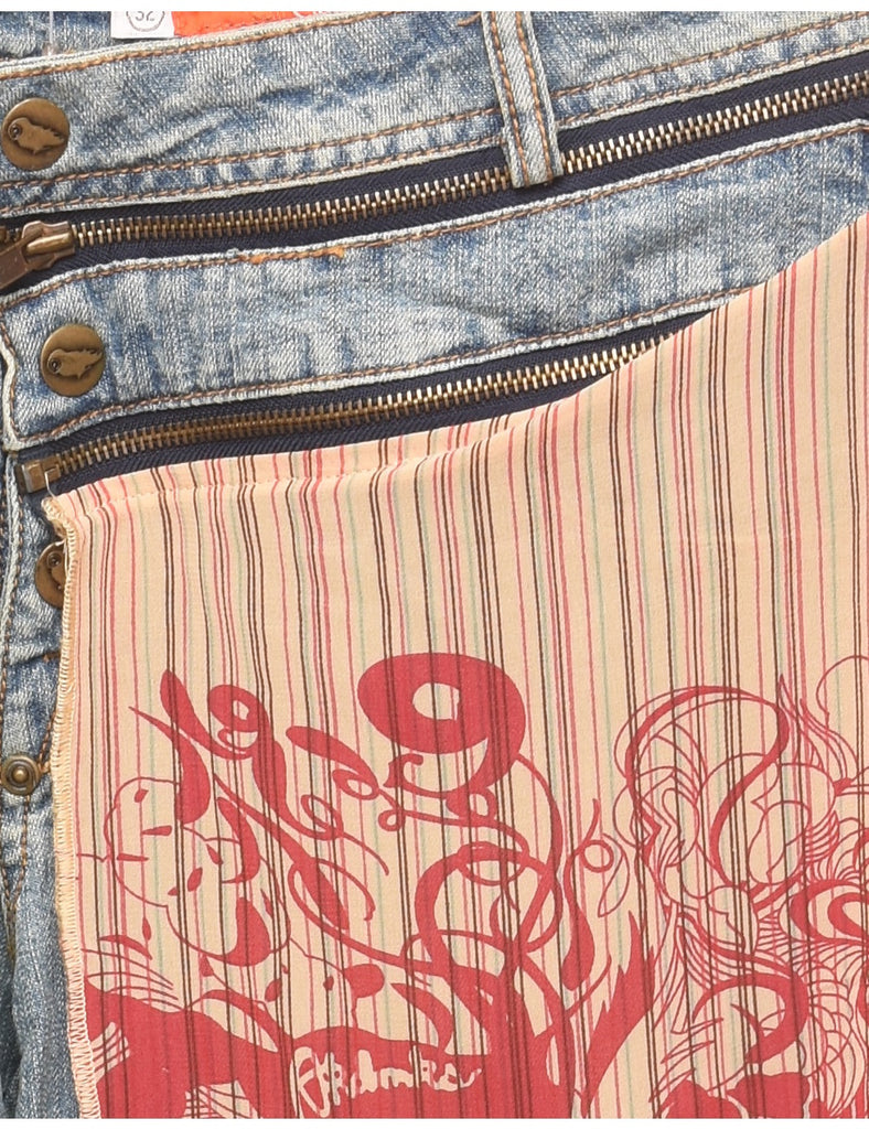 Y2K Floral Flared Jeans with Zipper and Skirt Detail - W33 L31