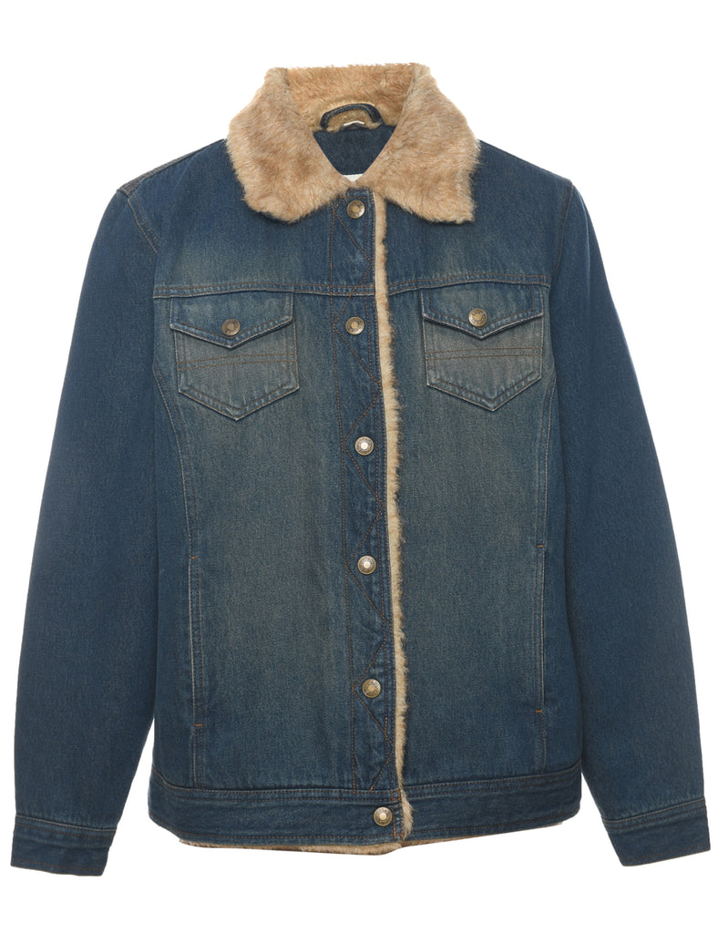 Y2K Stonewash Faux Fur Trim Denim Jacket - L