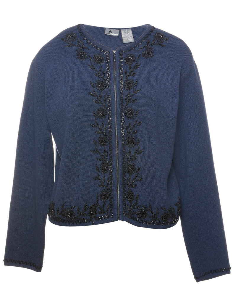 Zip Front Beaded Cardigan - M