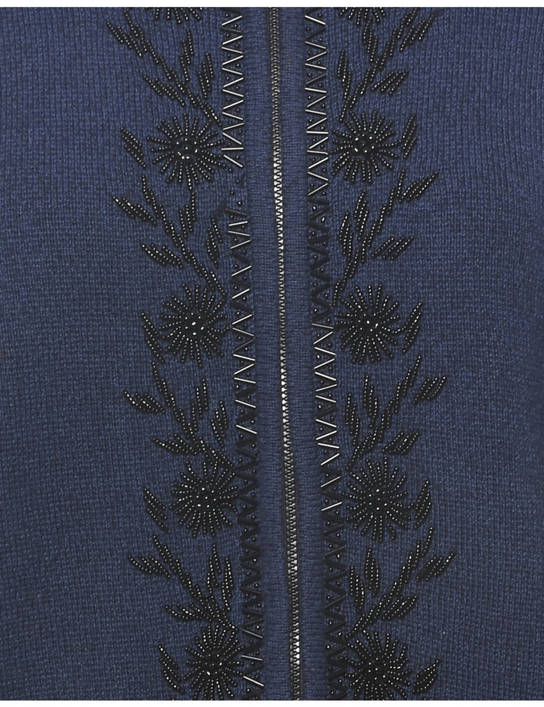 Zip Front Beaded Cardigan - M