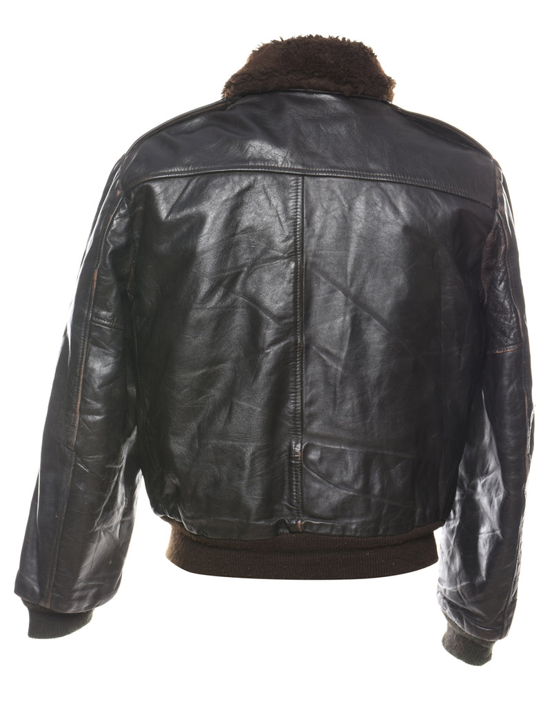 Black & Brown Zip-Front Leather Flight Jacket - L