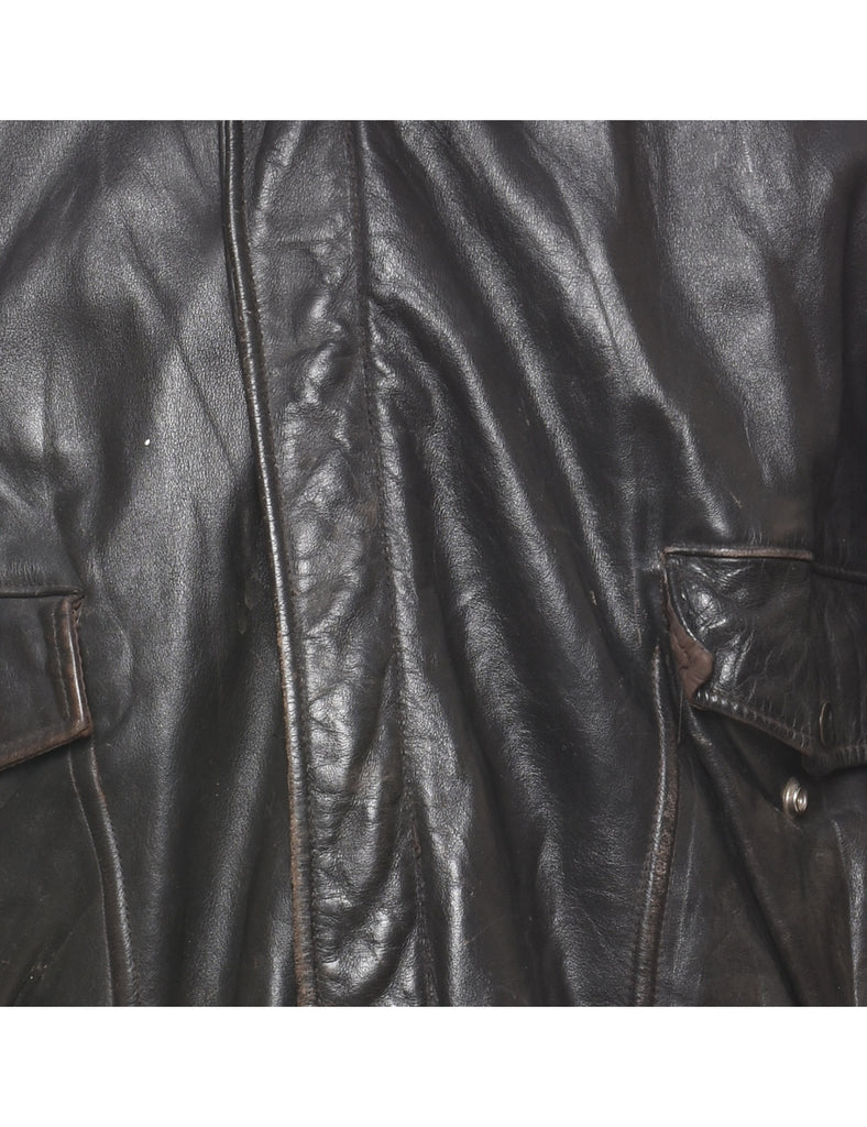 Black & Brown Zip-Front Leather Flight Jacket - L