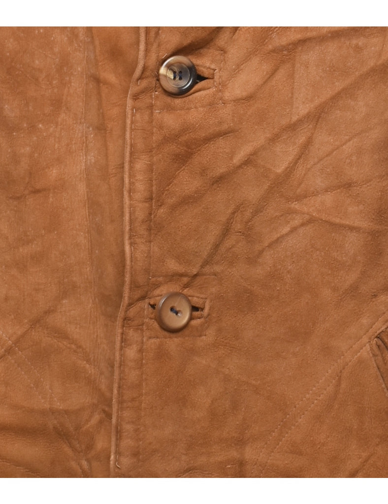 Button Front Brown Suede Shearling Lined Jacket - L