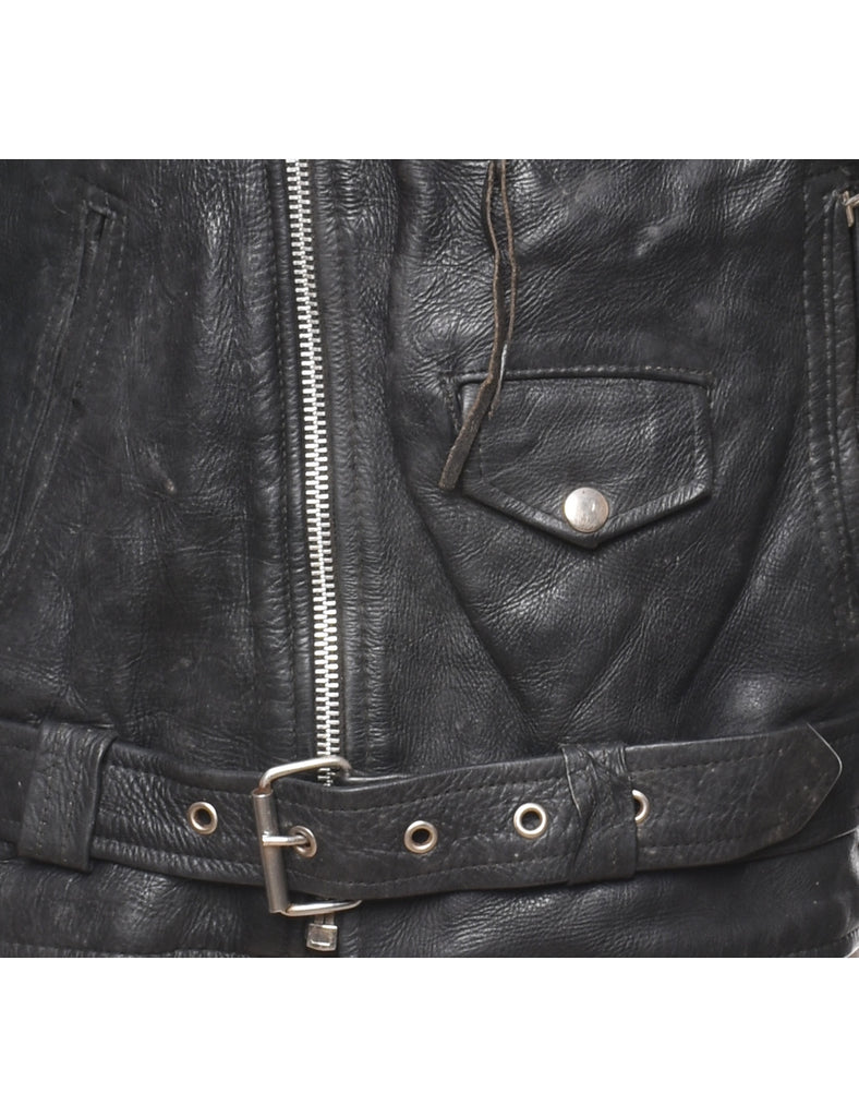 Classic Black Leather Biker Jacket - M