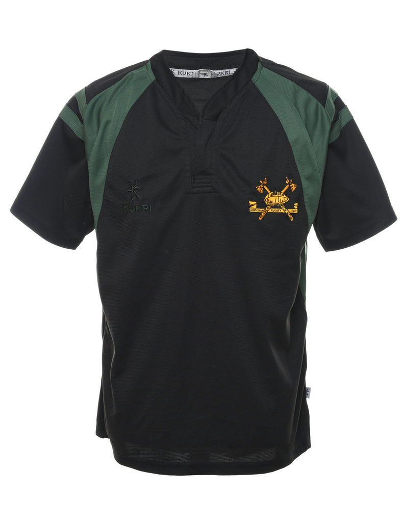 Embroidered Black & Green Rugby Design T-Shirt - M