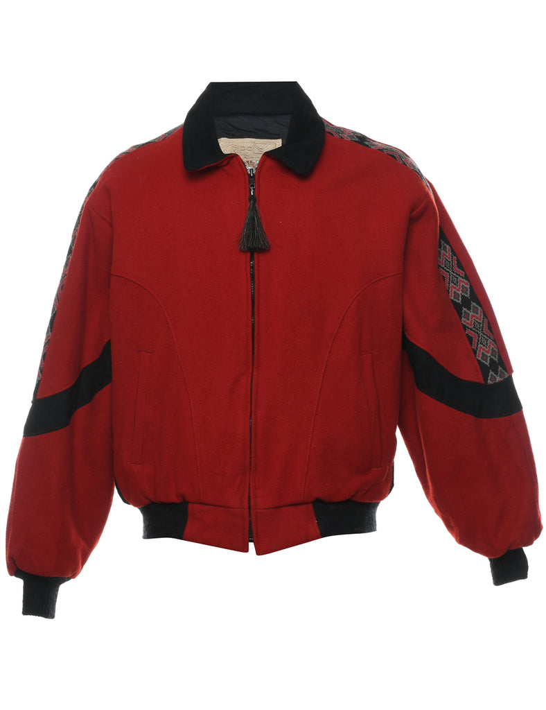 Red Aztec Trim Zip-Front Jacket - M