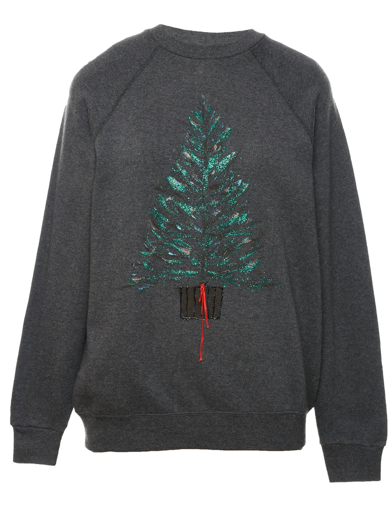 Dark Grey Sparkly Tree Design Christmas Sweatshirt - L