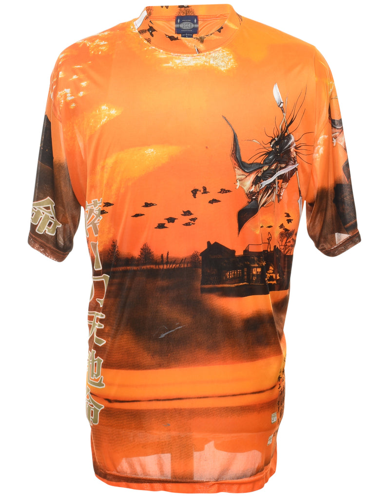 Orange Printed High Neck T-Shirt - L