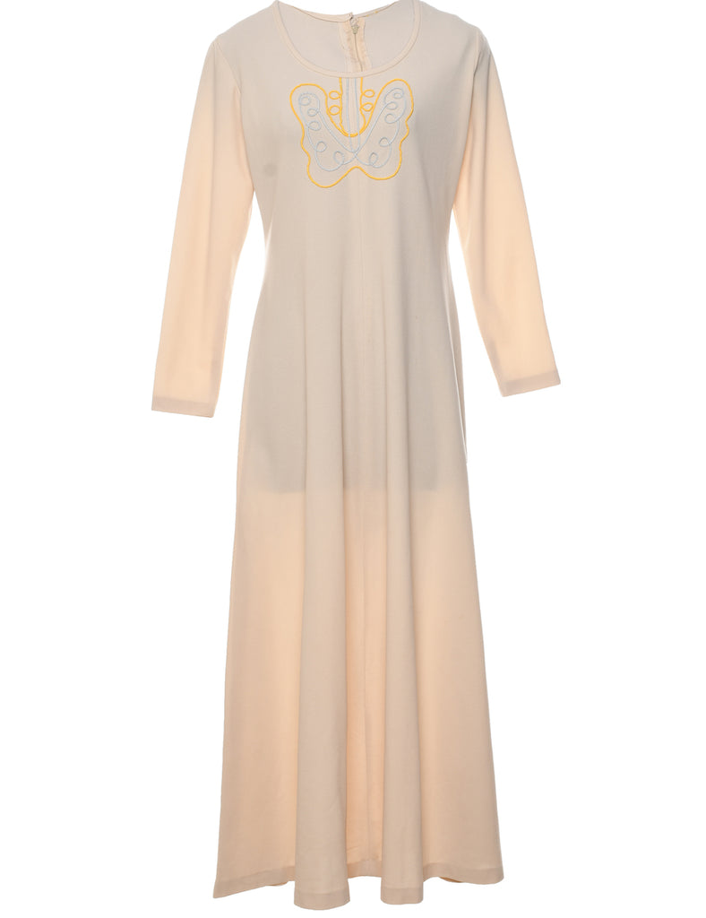 1970s Beige Long-Sleeve Dress - M