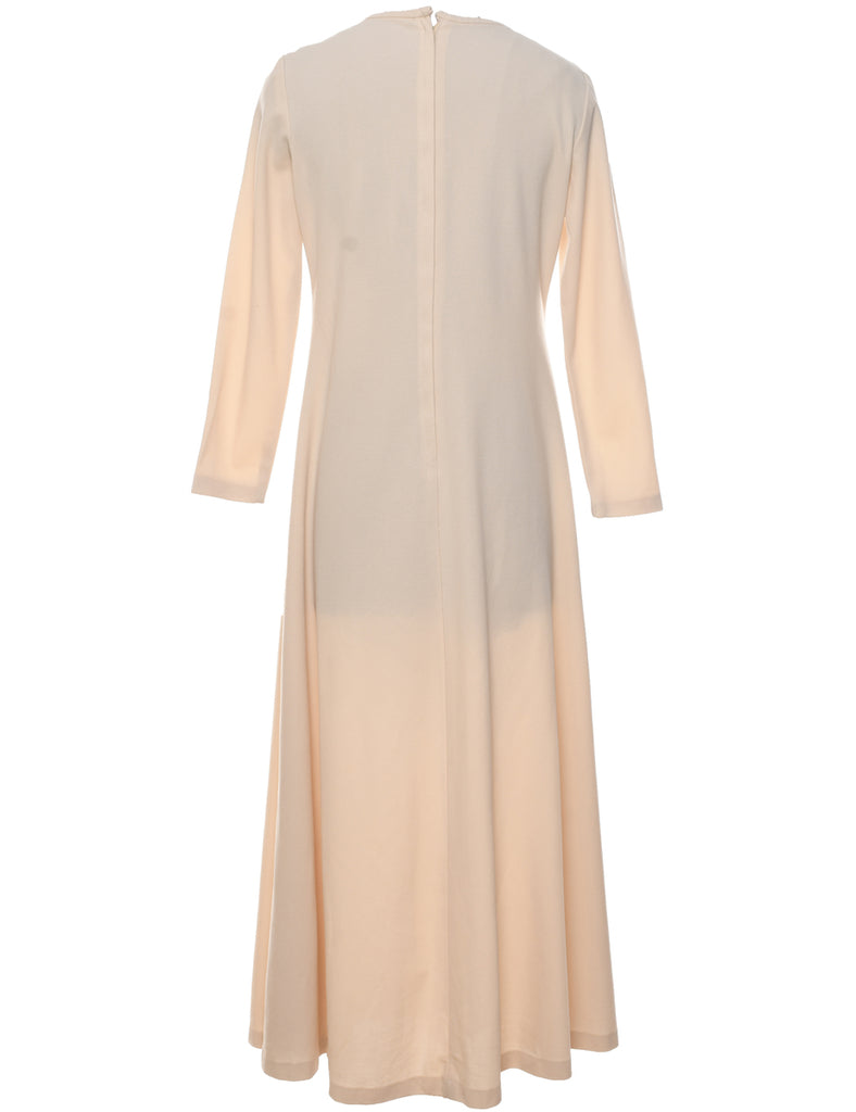 1970s Beige Long-Sleeve Dress - M