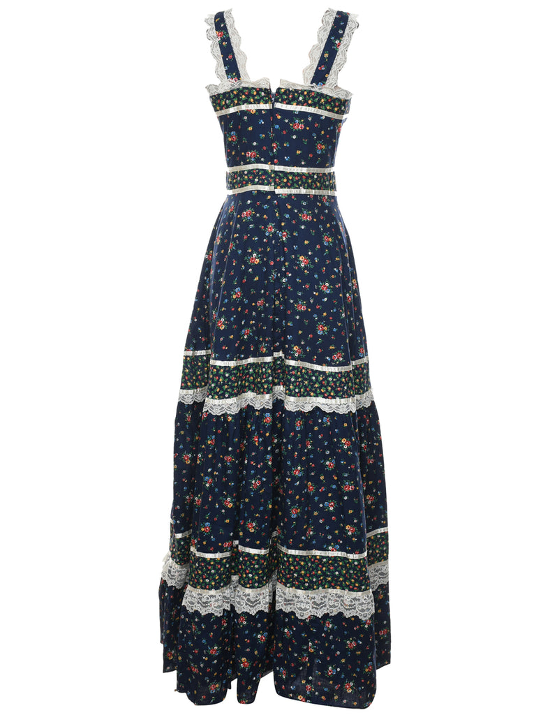 1970s Ditzy Floral Print Prairie Style Maxi Dress - XS