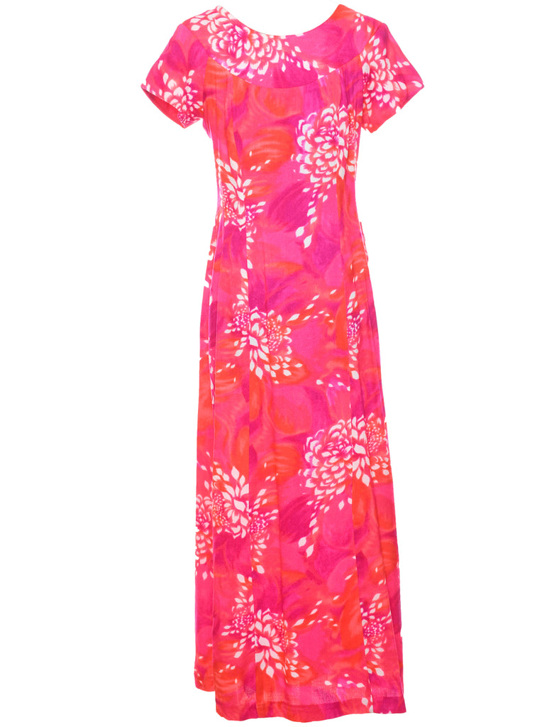 1970s Floral Print Pink & Orange Dress - M