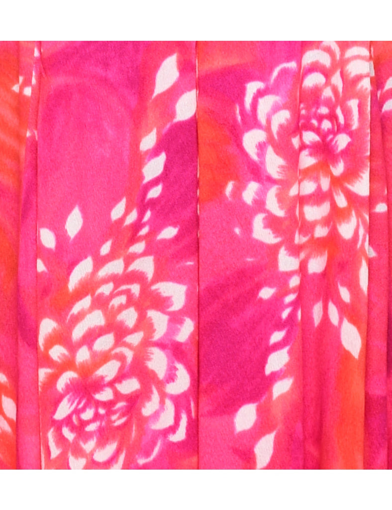 1970s Floral Print Pink & Orange Dress - M