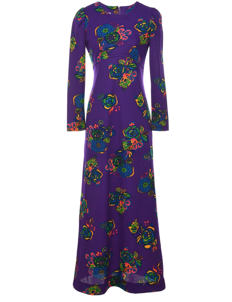 1970s Floral Print Purple Dress - M