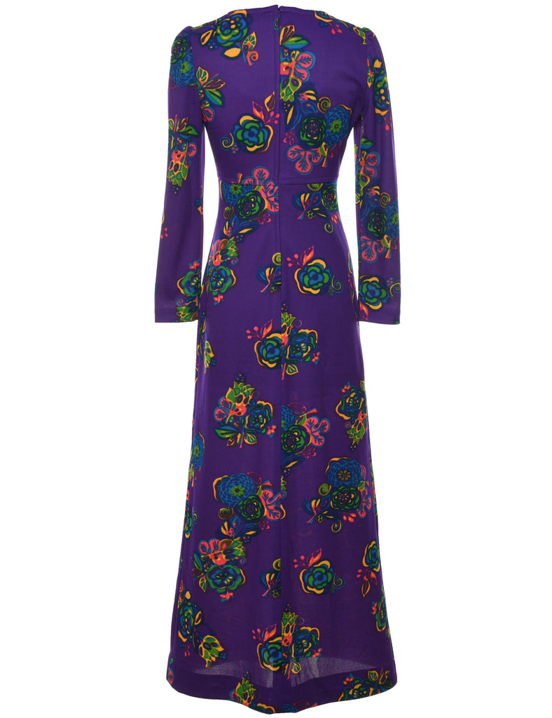 1970s Floral Print Purple Dress - M