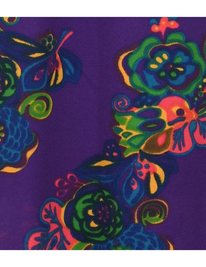 1970s Floral Print Purple Dress - M