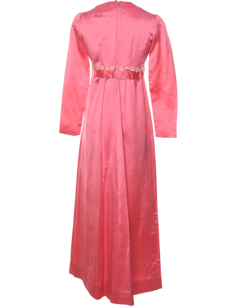 1970s Pink & White Long-Sleeve Floral Maxi Dress - S