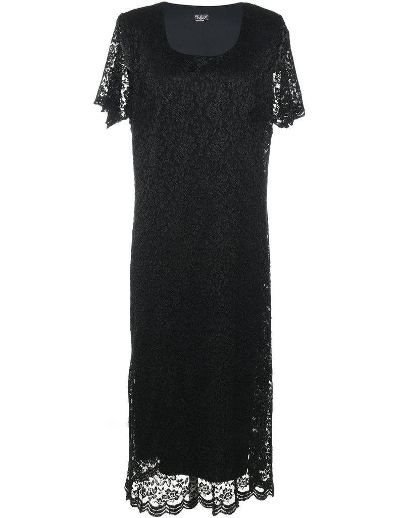 Black Floral Lace Evening Dress - L