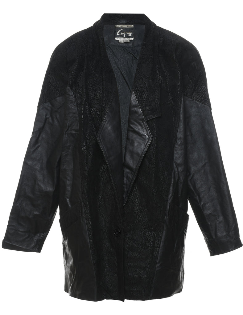 Black Snakeskin Detail Leather Jacket - L