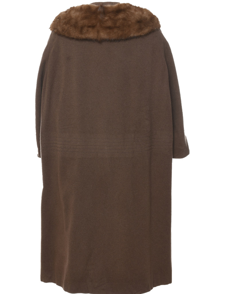 Brown Fur Trim Single Breasted Wool Coat - L