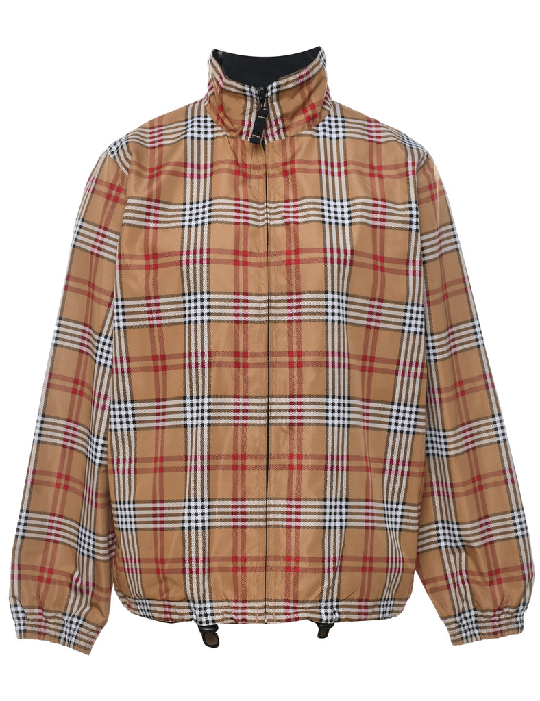 Checked Light Brown & Red 1990s Zip-Front Nylon Jacket - L