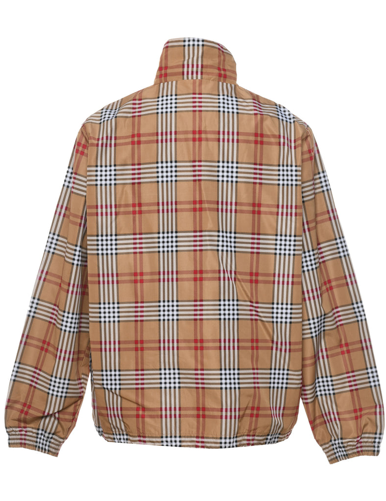 Checked Light Brown & Red 1990s Zip-Front Nylon Jacket - L