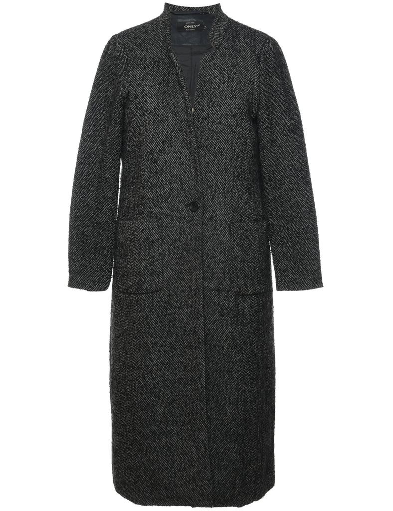 Classic Grey Herringbone Tweed Wool Coat - L