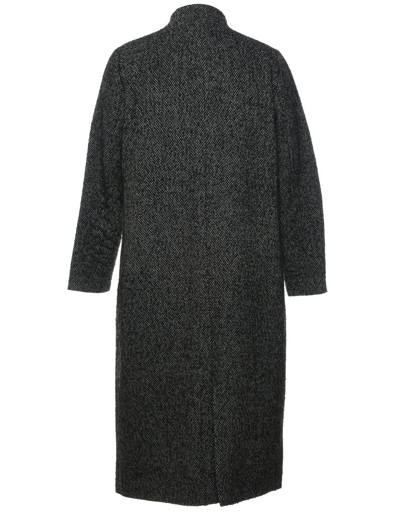 Classic Grey Herringbone Tweed Wool Coat - L