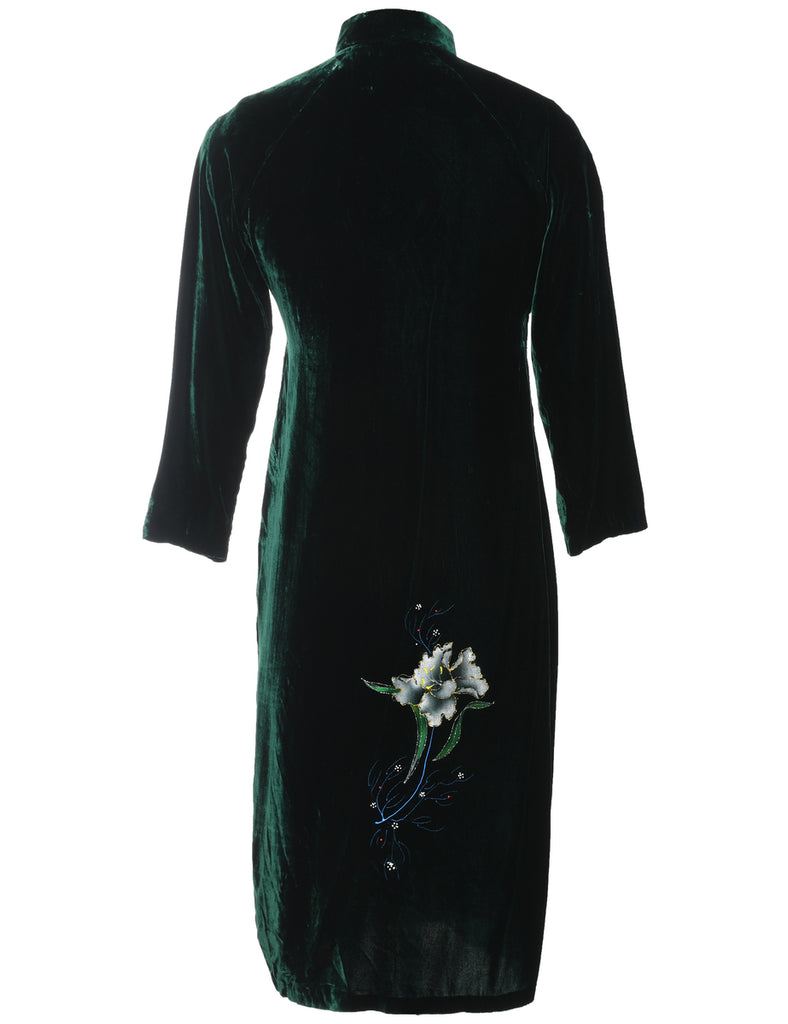Floral Dark Green Cheongsam Collar Dress Evening Dress - S