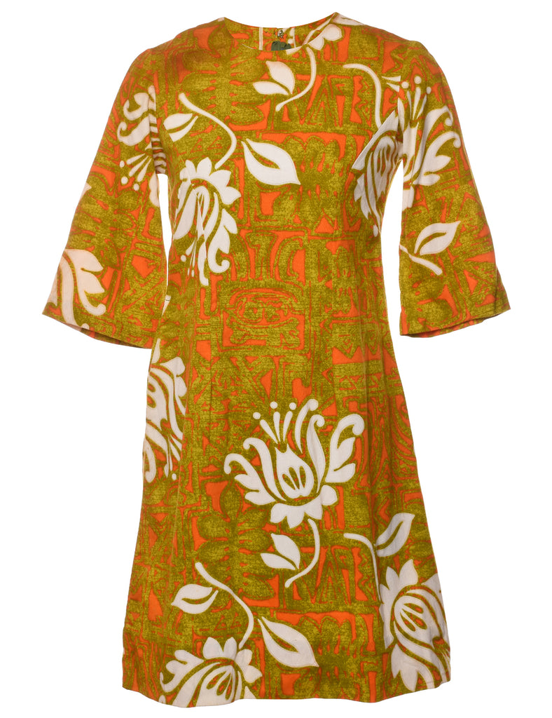 Floral Print Orange & Green 1960s Dress - M