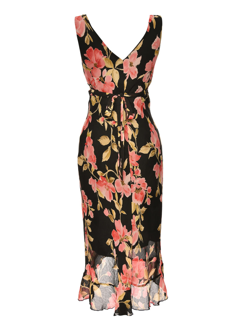 Floral Print Pink & Black Ruffle Hem V-Neck Dress - S