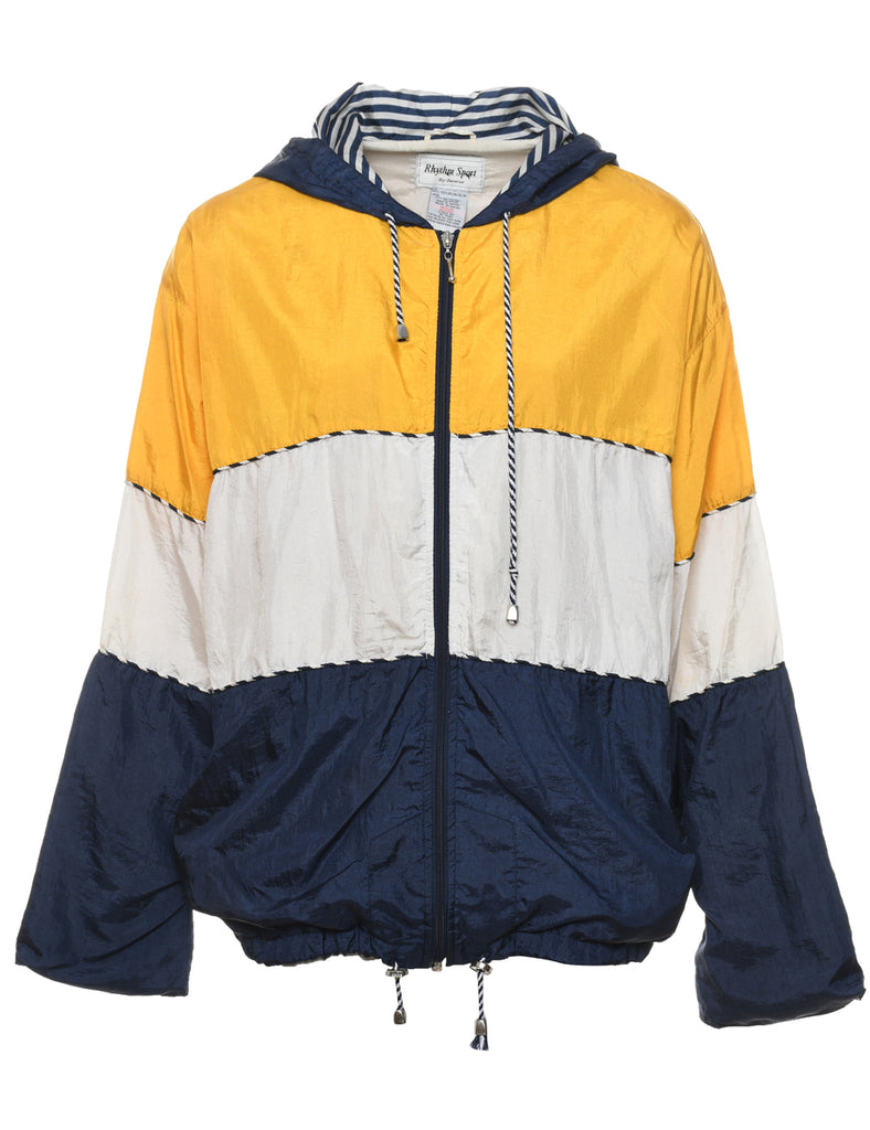 Hooded Colour Block Navy, Yellow & White Nylon Jacket - M